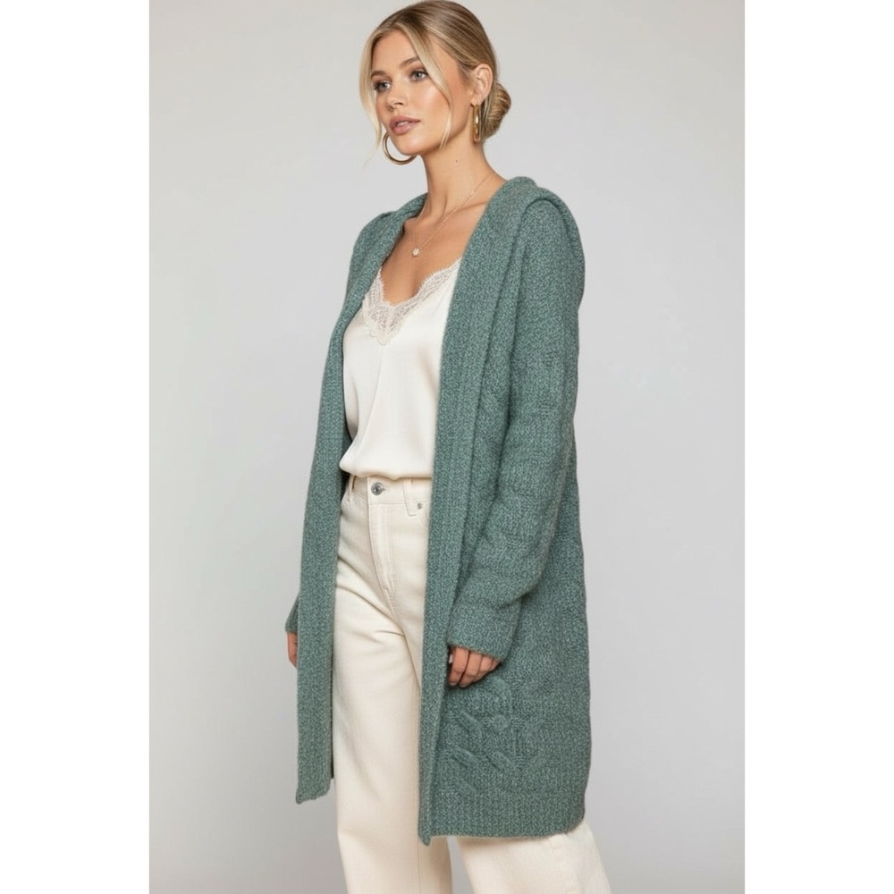 POL Sage Green Hooded Cardigan | Plush Fuzzy Long Knit Coat - Picture 4 of 8